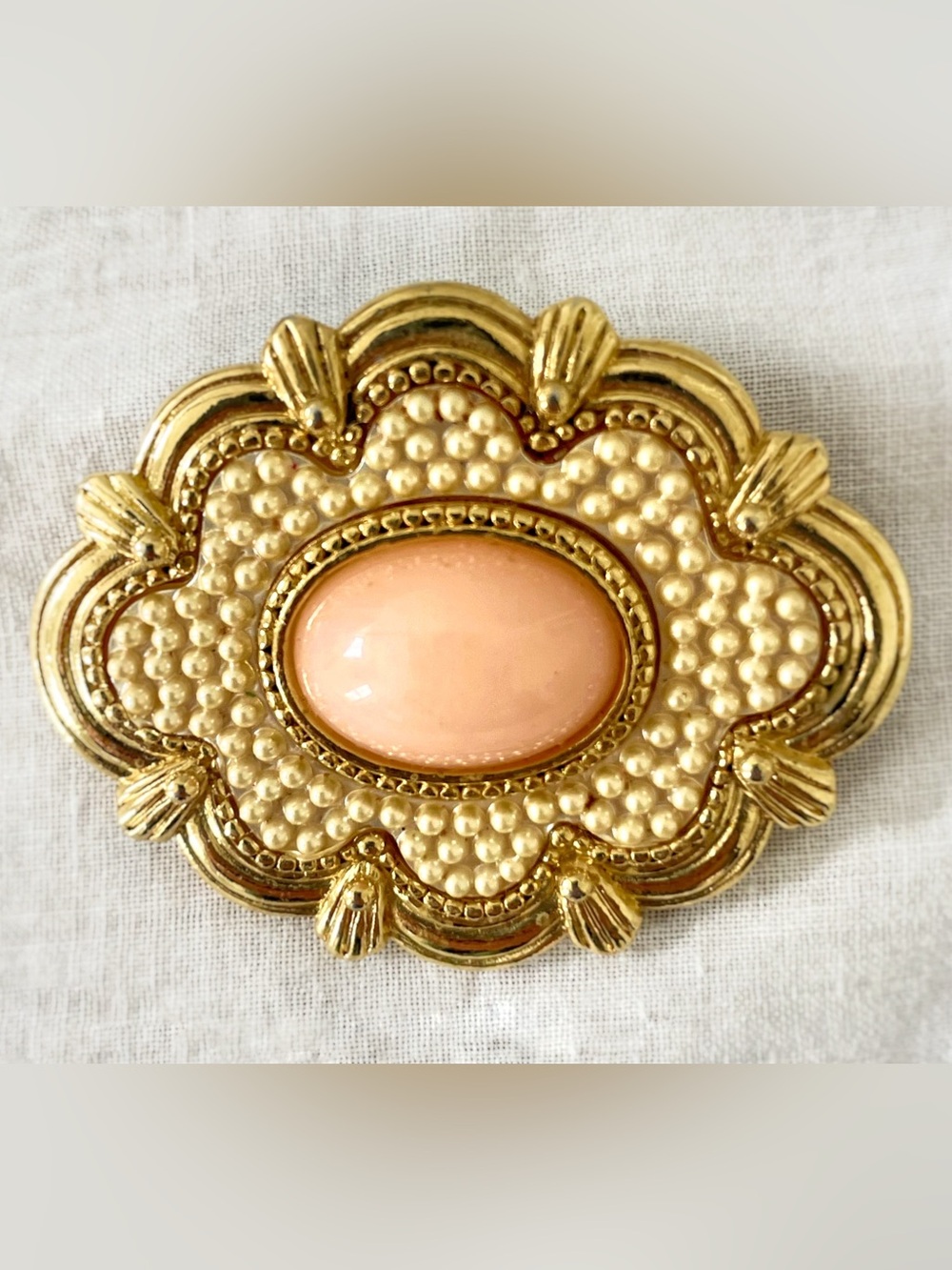 Vintage Avon Faux Coral Victorian Brooch Gold Tone Oval, 70s/80s Revival
